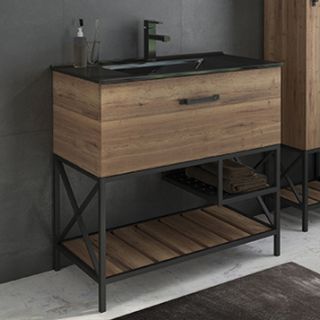 Comforty Тумба-умывальник "Бредфорд-90" дуб темный с раковиной Comforty 90E черная матовая