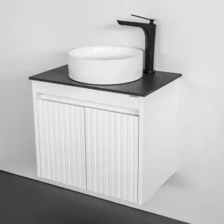 Тумба-умывальник Comforty Двина-60ПД белая матовая со столешницей мрамор Калакатта Блэк с раковиной 9111