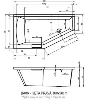 Акриловая ванна Riho Geta Plug and Play B029008005 R 160х90см белый
