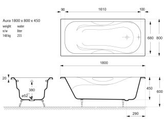 Ванна чугунная Vinsent Veron Aura VAU1808045 180x80см без отверстий для ручек