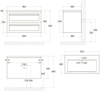 Подвесная тумба под раковину Art&Max Platino 90см белый глянцевый AM-Platino-900-2C-SO-BL