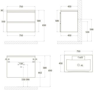 Подвесная тумба под раковину Art&Max Bianchi 75см белый глянцевый AM-Bianchi-750-2C-SO-BL