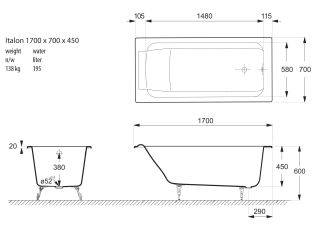 Ванна чугунная Vinsent Veron Italon VIT1707045 170x70см без отверстий для ручек