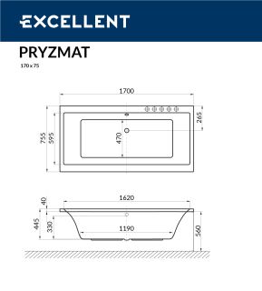 Ванна акриловая EXCELLENT Pryzmat 170x75