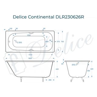 Ванна чугунная Delice Continental DLR230626R 160х70 с отверстиями под ручки