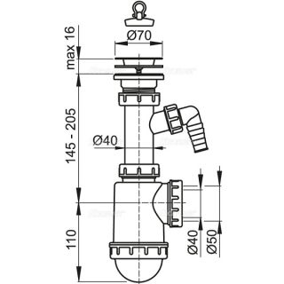 Сифон для мойки AlcaPlast c нержавеющей решеткой ?70 и подводкой A441P-DN50/40