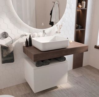 Столешница STWORKI Ольборг 100 дуб карпентер, без отверстий, с тумбой 60, с раковиной STWORKI Soul 1 белой