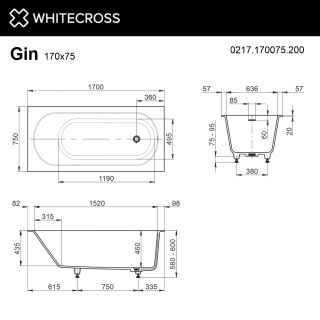 Ванна из искусственного камня WHITECROSS Gin 0217.170075.200 170x75 см белый матовый